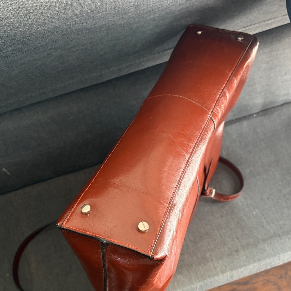 Elegant Brown glossy Leather zipper shoulder Tote Bag 11x 15x 3.5 - Picture 5 of 16